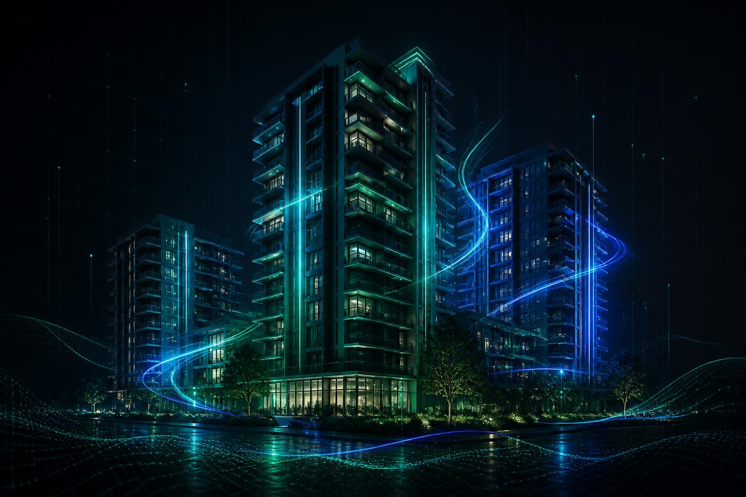 Illuminated apartment towers connected by glowing data trails